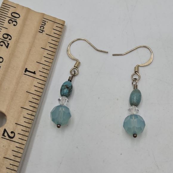 Blue Turquoise Bead Dangle Earrings And Light Blue Faceted Crystal Glass Hooks - Picture 3 of 3